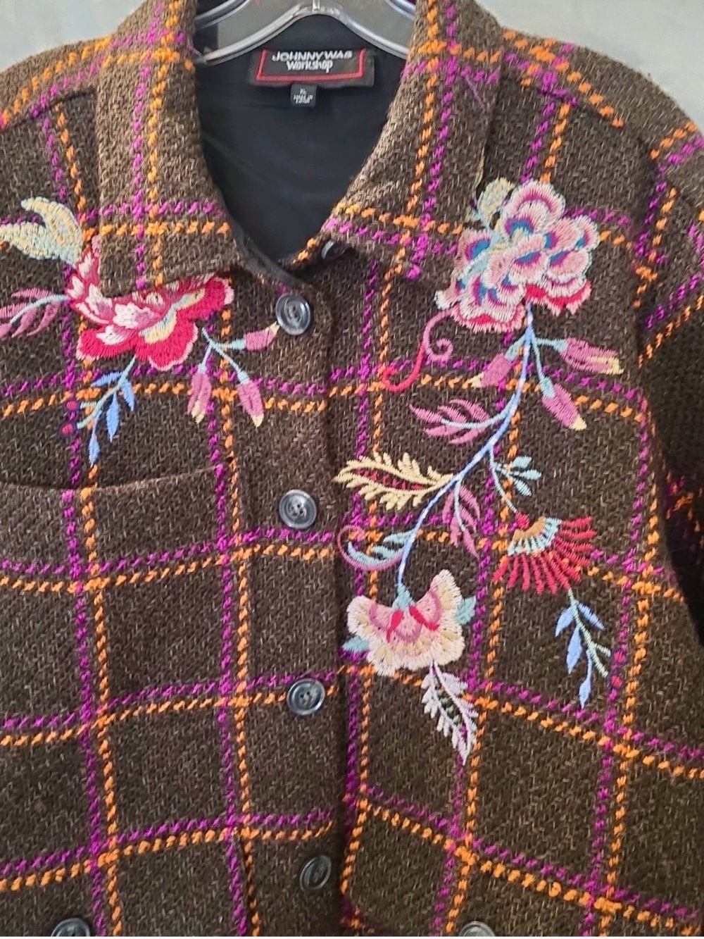 Johnny Was Brown Plaid Embroidered Women's Shackleton Jacket Sz XL